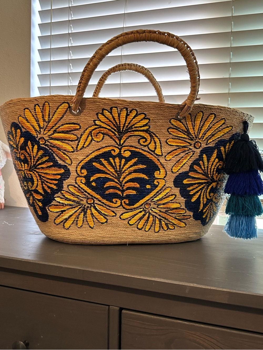 Embroidered Straw Tote Bag in Natural with Yellow & Navy Accents